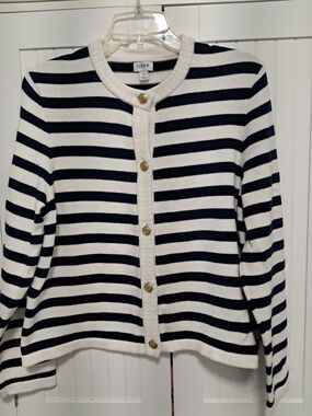 J. Crew Navy and White Striped Crewneck Cardigan with Gold Buttons Sz Large